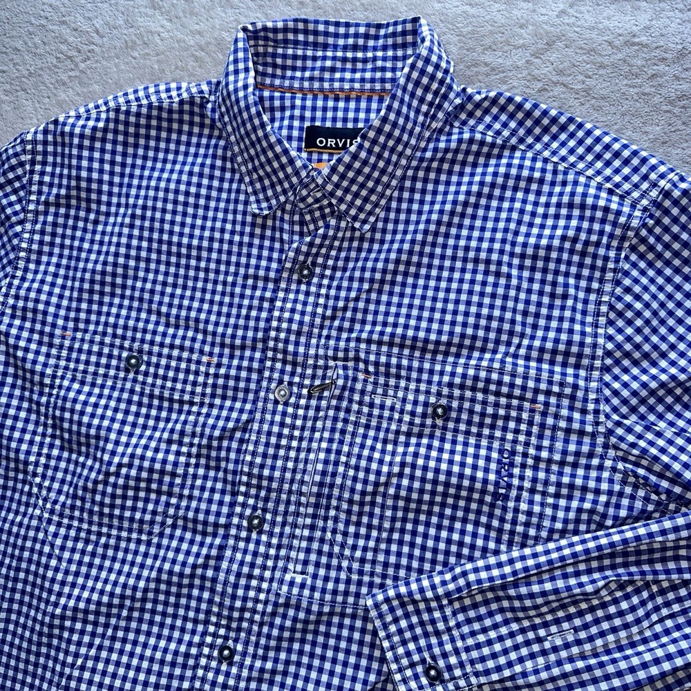 Orvis Tech Stretch Shirt Mens M Blue White Gingham Long Sleeve 2XRK Active Fit